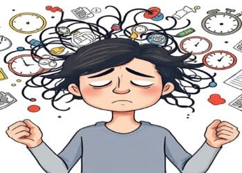 Illustration explaining stress and how to manage it, featuring stress triggers and effective stress management techniques like meditation, breathing exercises, and physical activity