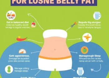 Infographic showing 8 proven strategies for losing belly fat, including tips on diet, exercise, stress management, and sleep for a healthier lifestyle