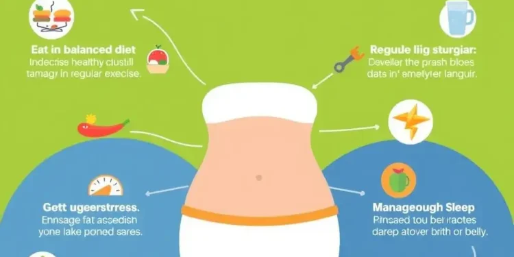 Infographic showing 8 proven strategies for losing belly fat, including tips on diet, exercise, stress management, and sleep for a healthier lifestyle