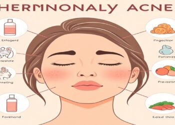 Illustration showing causes and treatments for hormonal acne, including hormonal triggers like stress, menstrual cycle, and diet, with skincare products and healthy foods for prevention.