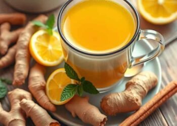 A warm cup of turmeric ginger tea surrounded by fresh ginger and turmeric roots, garnished with a slice of lemon and mint. This healthy drink is known for its anti-inflammatory and wellness benefits