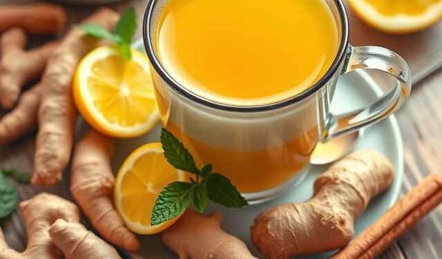 A warm cup of turmeric ginger tea surrounded by fresh ginger and turmeric roots, garnished with a slice of lemon and mint. This healthy drink is known for its anti-inflammatory and wellness benefits