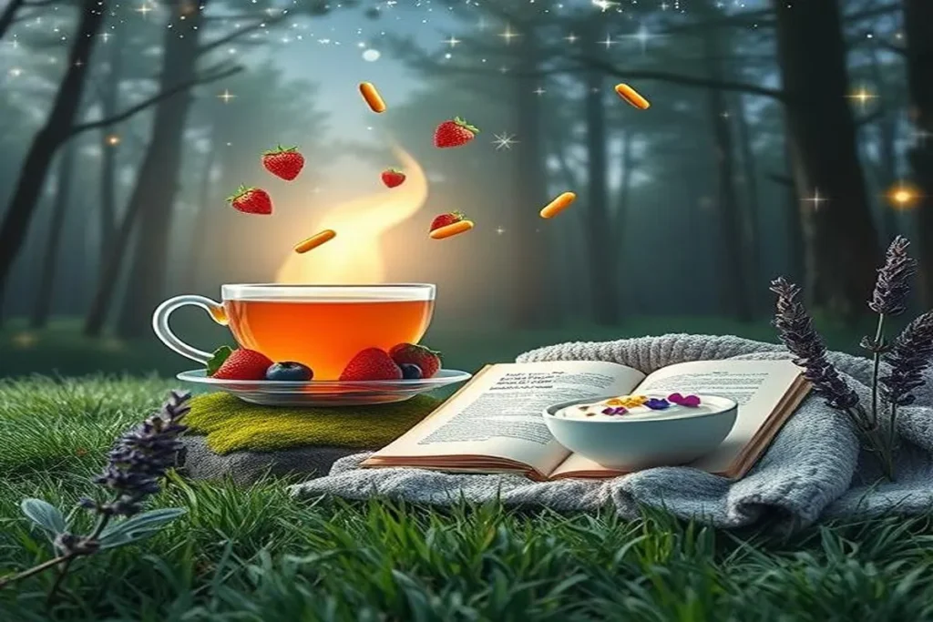 How to Improve Gut Health for Better Sleep: 7 Expert Tips for Restful Nights 2 A peaceful, dreamlike forest scene showing foods and elements that support gut health for better sleep, including probiotic-rich yogurt, fresh fruits, herbal tea, and calming lavender. The image symbolizes the connection between a healthy gut and restful nights with a tranquil, magical atmosphere
