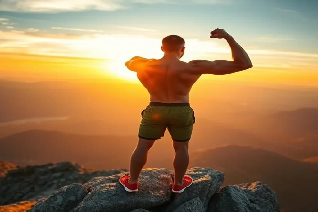 Keto Diet for Muscle Retention: How to Start Without Losing Muscle – Tips for Success 2 Athlete standing on mountain peak with defined muscles, holding a keto meal of avocado, chicken, and greens, symbolizing muscle retention and strength from keto diet