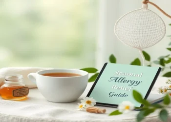 A peaceful home setting with herbal tea, honey, a neti pot, and essential oils as home remedies for seasonal allergies without medication.