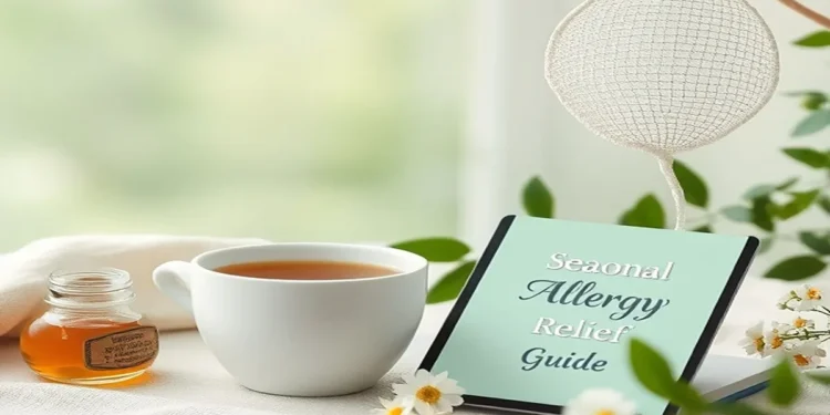 A peaceful home setting with herbal tea, honey, a neti pot, and essential oils as home remedies for seasonal allergies without medication.