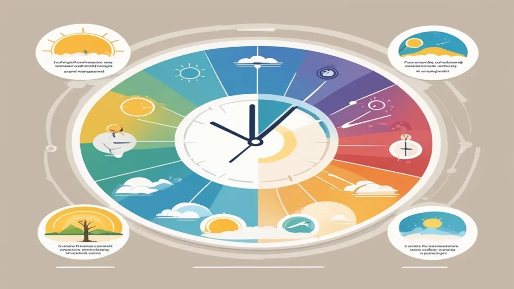 Diagram of circadian rhythm and sleep-wake cycle, showing how light exposure and sleep patterns affect the body's internal clock for better sleep