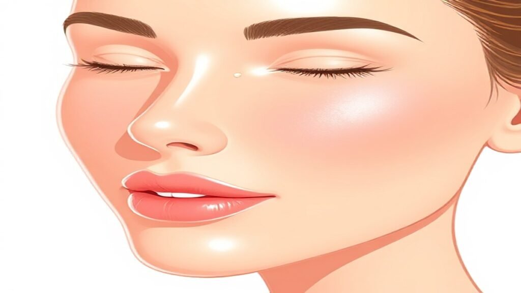 Illustration showing the process to improve skin texture with smooth, radiant skin, exfoliation, and hydration using skincare products like moisturizers and serums