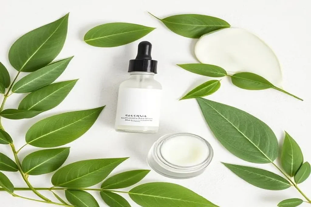 Centella Asiatica for sensitive skin: Skincare products including serum, cream, and balm, featuring fresh Centella plant leaves, designed to soothe and repair redness-prone skin.