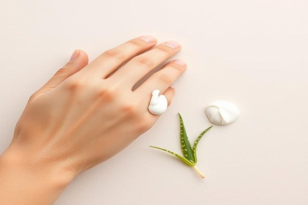 Close-up of eczema-prone skin being moisturized with a thick cream, featuring aloe vera and natural elements for skin barrier repair
