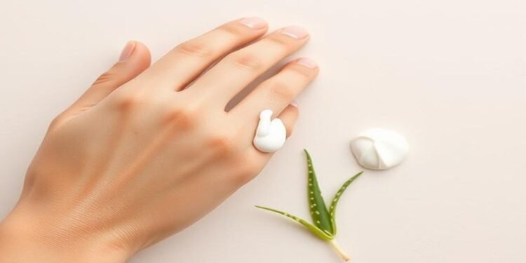 Close-up of eczema-prone skin being moisturized with a thick cream, featuring aloe vera and natural elements for skin barrier repair