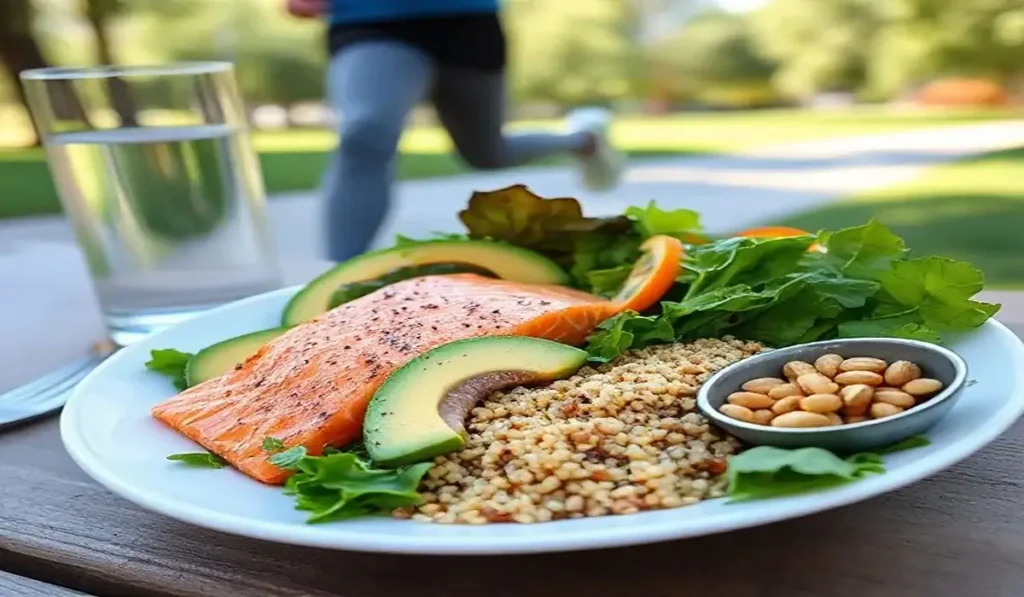 Healthy plate of salmon, greens, and avocado with a person jogging to lower triglycerides naturally