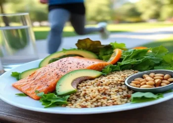 Healthy plate of salmon, greens, and avocado with a person jogging to lower triglycerides naturally