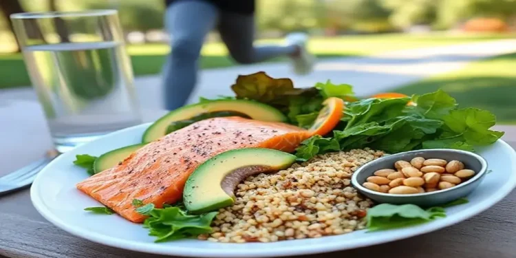 How to Lower Triglycerides Naturally with Diet and Exercise: A Science-Backed Guide 1 Healthy plate of salmon, greens, and avocado with a person jogging to lower triglycerides naturally