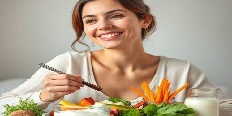 Probiotic-rich yogurt for women's health and hormonal balance with fresh fruits and vegetables.