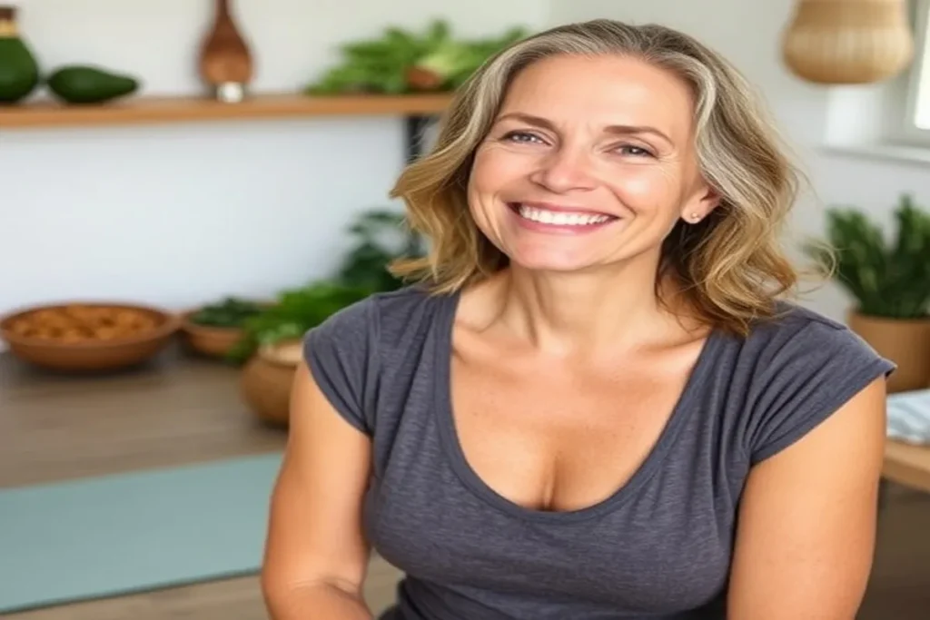 A woman over 40 practicing yoga with healthy foods like avocados, leafy greens, and herbs, promoting natural hormone balance and wellness