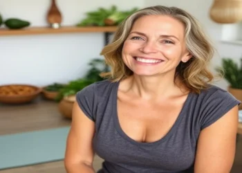 A woman over 40 practicing yoga with healthy foods like avocados, leafy greens, and herbs, promoting natural hormone balance and wellness