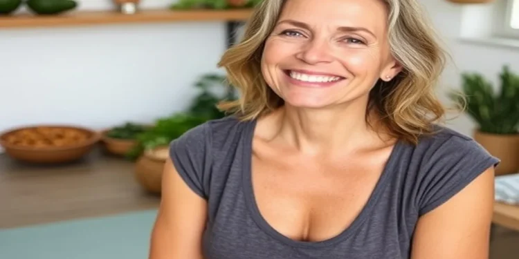 A woman over 40 practicing yoga with healthy foods like avocados, leafy greens, and herbs, promoting natural hormone balance and wellness