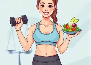 Person balancing exercise and nutrition for weight loss, holding a dumbbell in one hand and a healthy meal in the other