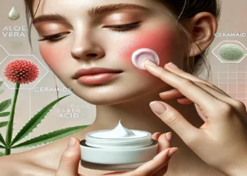 A close-up of irritated skin healing after retinol burn with a soothing skincare application