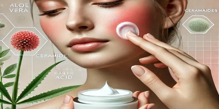 A close-up of irritated skin healing after retinol burn with a soothing skincare application