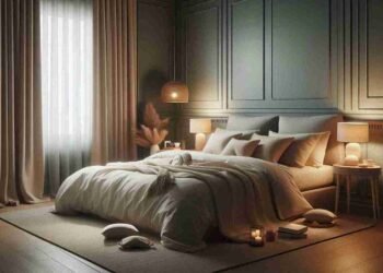 Relaxing bedroom with soft lighting and blackout curtains for promoting good sleep hygiene