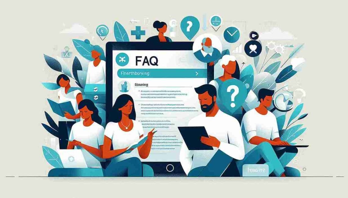 A diverse group of people engaging with a health FAQ page on various devices, including tablets and laptops, exploring topics related to nutrition, exercise, and wellness.