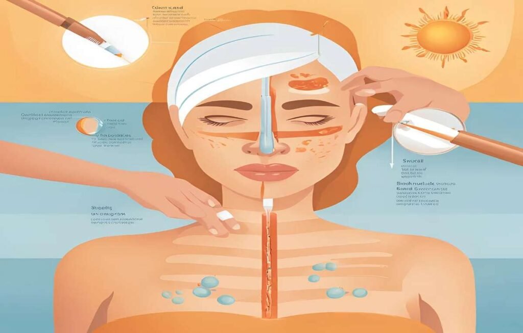Illustration showing how sunscreen protects the skin from UV rays, with sunscreen forming a barrier on the skin and blocking harmful UVB and UVA rays