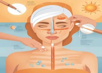 Illustration showing how sunscreen protects the skin from UV rays, with sunscreen forming a barrier on the skin and blocking harmful UVB and UVA rays