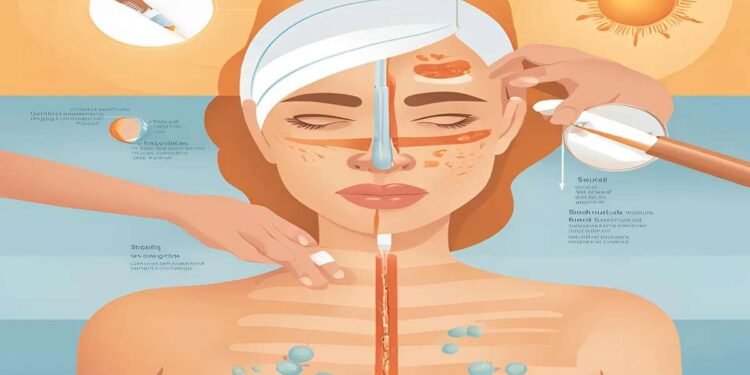 How Sunscreen Works: Protecting Your Skin from Harmful UV Rays 1 Illustration showing how sunscreen protects the skin from UV rays, with sunscreen forming a barrier on the skin and blocking harmful UVB and UVA rays