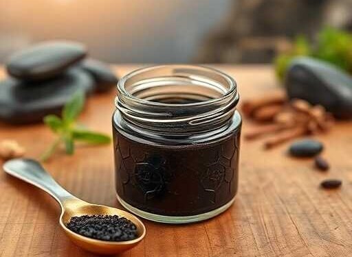 Shilajit Health Benefits: Unlocking the Ancient Secret to Enhanced Wellness 1 Pure shilajit resin jar with spoon, showcasing shilajit health benefits in a natural, earthy setting
