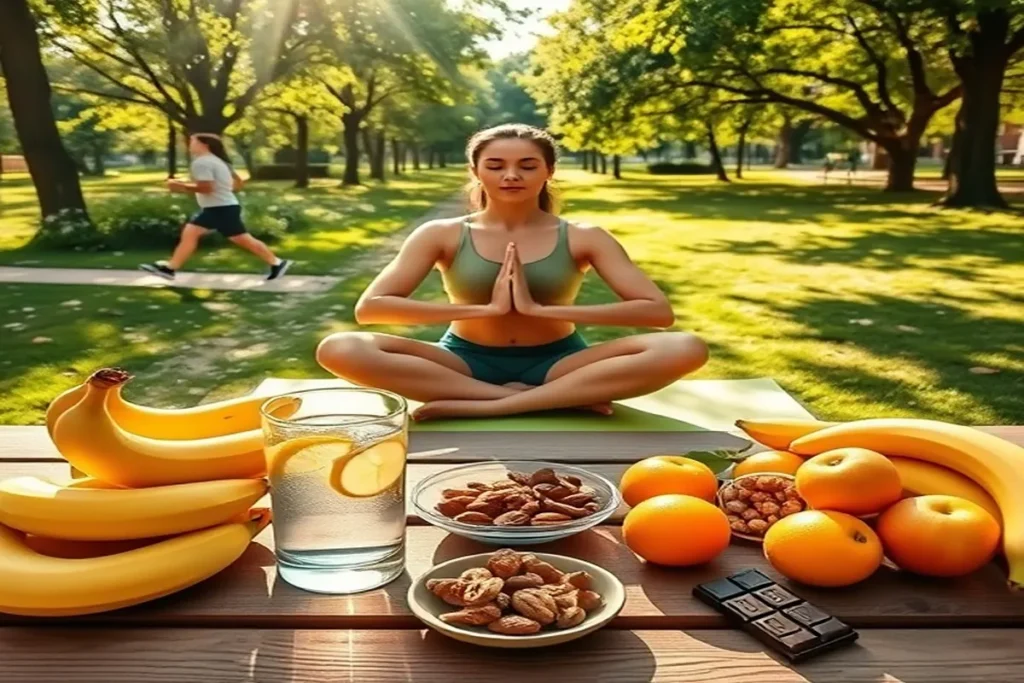 Natural energy-boosting foods without caffeine, including fruits, nuts, and herbal teas, for a healthy lifestyle