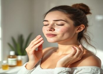 Pregnant woman with acne using pregnancy-safe skincare products in a natural bathroom.