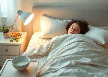 Peaceful bedroom with a person sleeping under warm blankets, featuring gut-healthy foods like yogurt, kimchi, and fruits, symbolizing the connection between gut health and better sleep