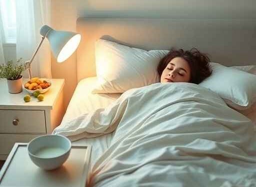 Peaceful bedroom with a person sleeping under warm blankets, featuring gut-healthy foods like yogurt, kimchi, and fruits, symbolizing the connection between gut health and better sleep