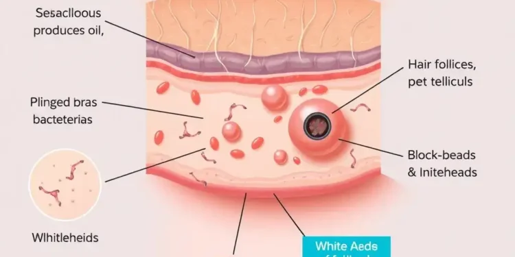 Detailed illustration showing the causes of acne on human skin, highlighting clogged pores, sebaceous glands, bacteria, and acne lesions like pimples, blackheads, and whiteheads
