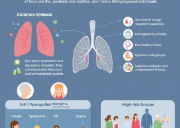 Infographic explaining Human Metapneumovirus (HMPV), showcasing how it spreads, its symptoms, and risk factors for vulnerable groups such as infants, elderly, and people with weakened immune systems