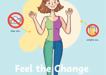 Person feeling energetic and healthy after eliminating sugar, with crossed-out sugary foods and visuals of clearer skin and weight loss