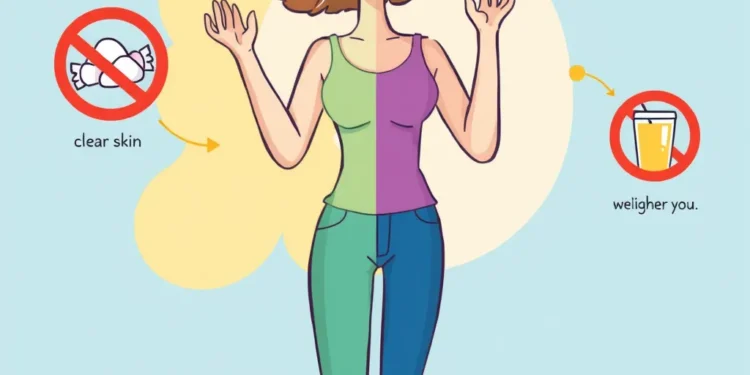 Person feeling energetic and healthy after eliminating sugar, with crossed-out sugary foods and visuals of clearer skin and weight loss