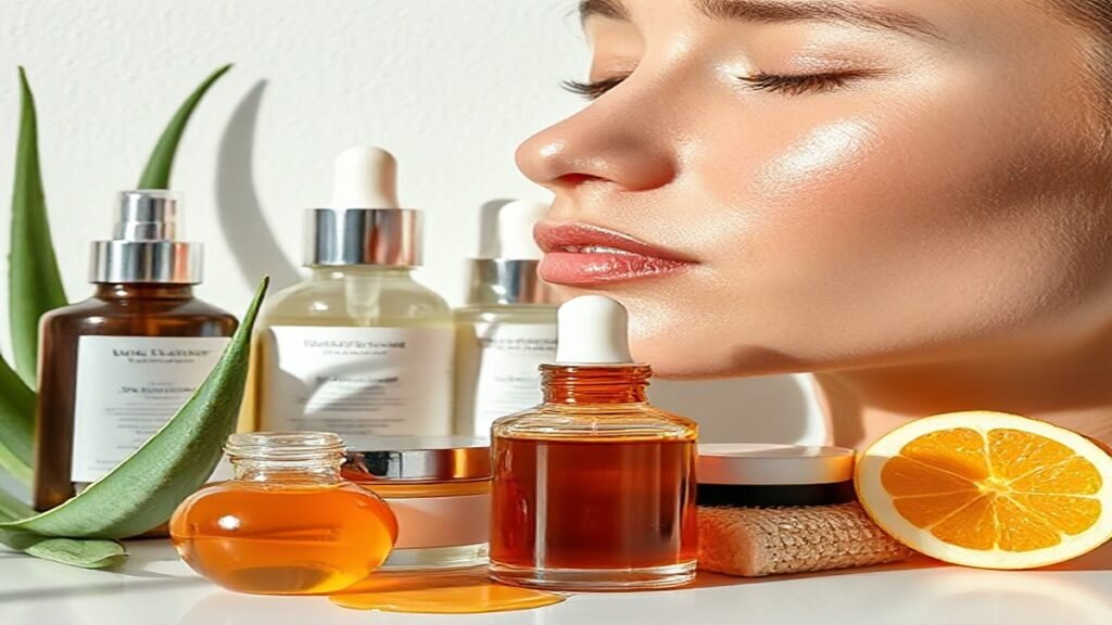 Skincare products to fix uneven skin texture, including exfoliating serums, retinoids, moisturizers, and sunscreen, with a close-up of smooth, radiant skin
