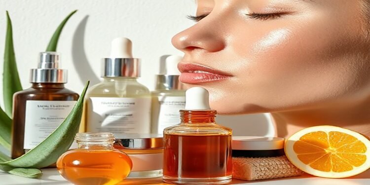 Skincare products to fix uneven skin texture, including exfoliating serums, retinoids, moisturizers, and sunscreen, with a close-up of smooth, radiant skin