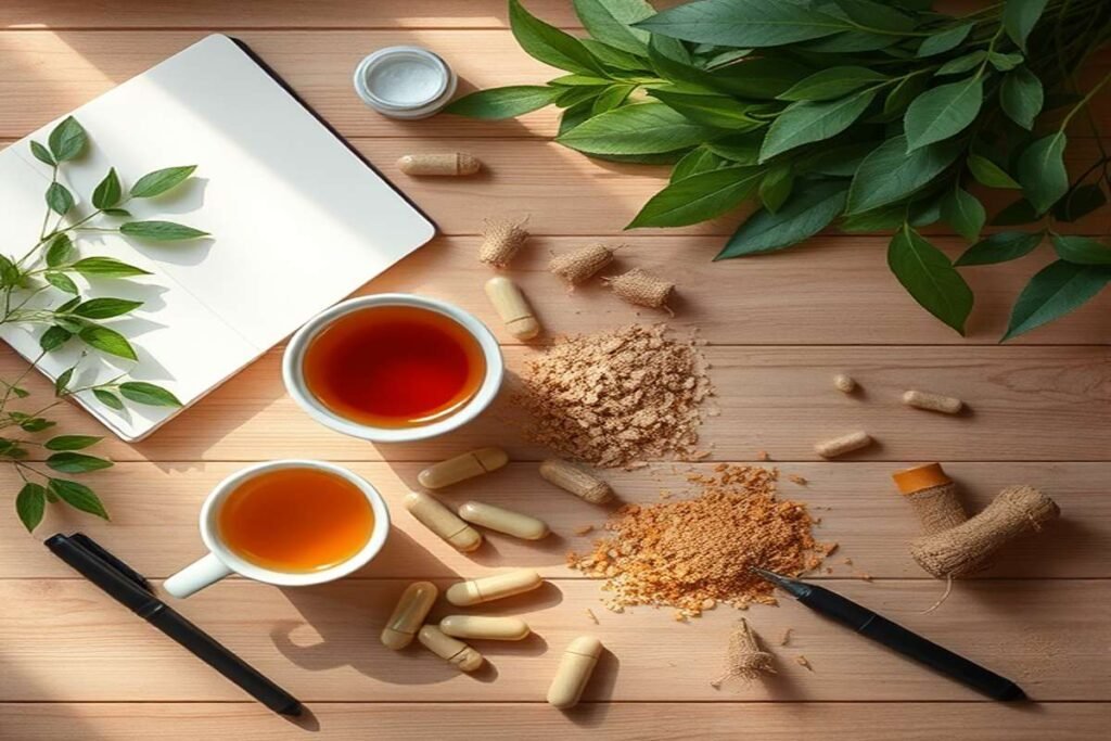 Ashwagandha, Rhodiola, and Ginseng adaptogen supplements for stress relief and mental clarity