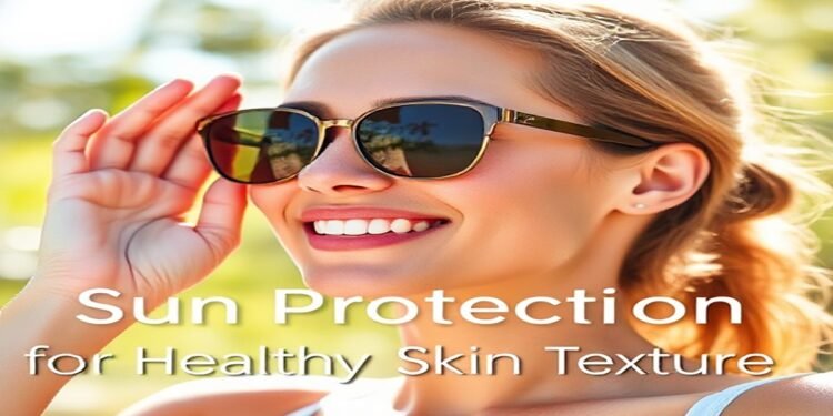 Person applying sunscreen for sun protection to maintain healthy skin texture under the sun