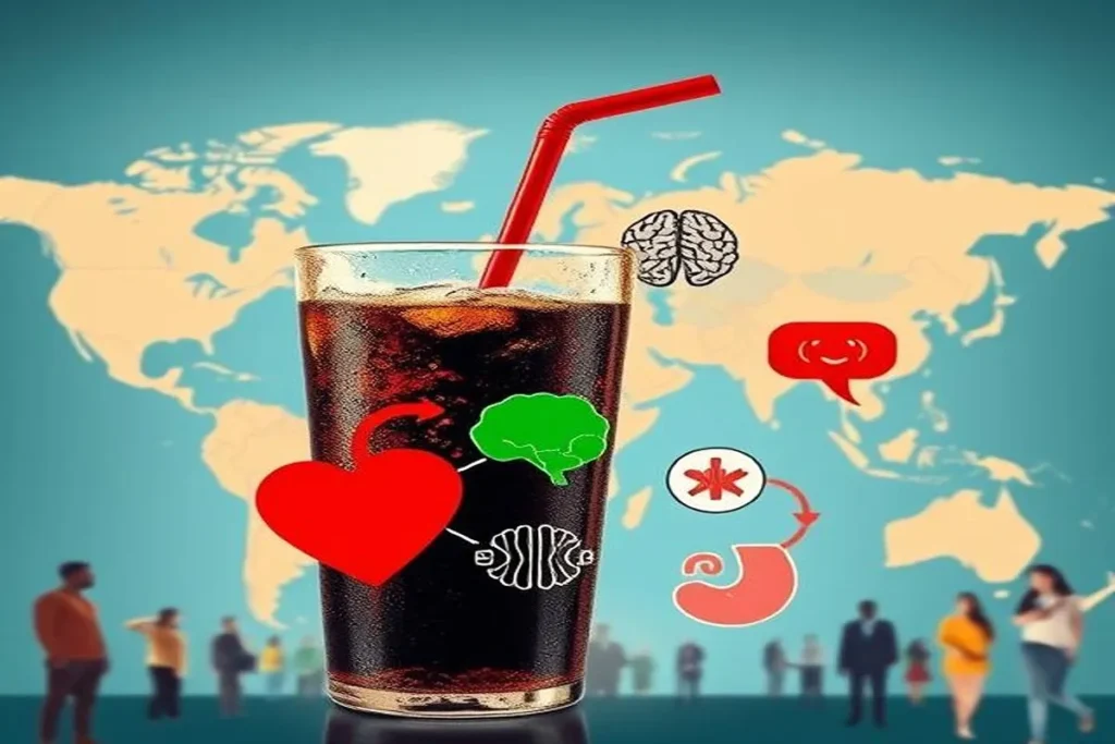 Global map showing cola consumption and health risks such as heart problems, obesity, and digestive issues, emphasizing the impact of cola on global health