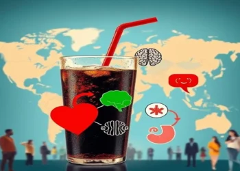 Global map showing cola consumption and health risks such as heart problems, obesity, and digestive issues, emphasizing the impact of cola on global health