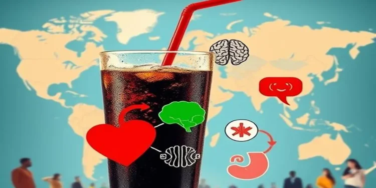 Global map showing cola consumption and health risks such as heart problems, obesity, and digestive issues, emphasizing the impact of cola on global health