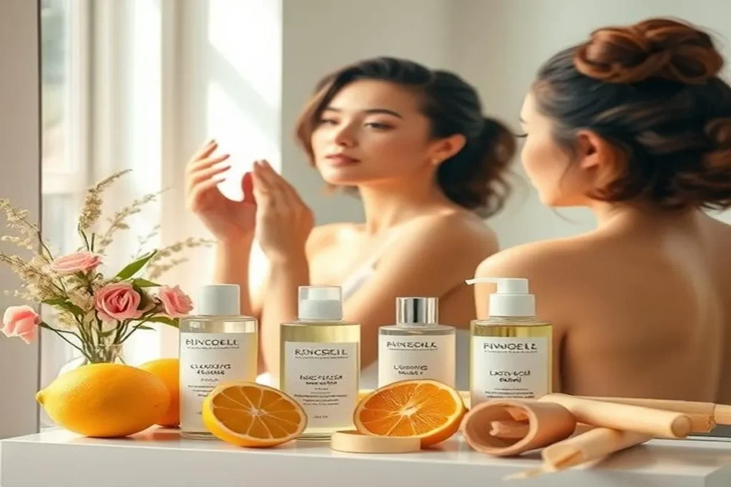 Alpha Hydroxy Acids (AHAs) skincare routine with glycolic acid and lactic acid products, featuring natural ingredients like citrus fruits, sugarcane, and milk for glowing, exfoliated skin