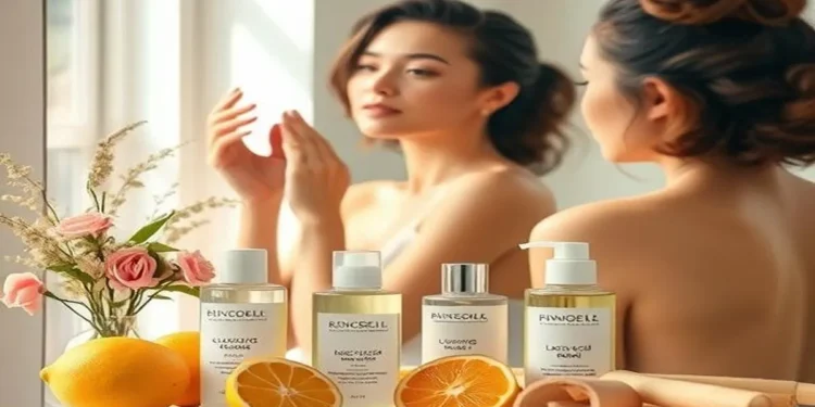 Alpha Hydroxy Acids (AHAs) skincare routine with glycolic acid and lactic acid products, featuring natural ingredients like citrus fruits, sugarcane, and milk for glowing, exfoliated skin