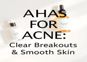 AHAs for acne: glycolic acid and lactic acid serum products on a marble surface, promoting clear skin and reducing acne breakouts. Includes text 'AHAs for Acne: Clear Breakouts & Smooth Skin