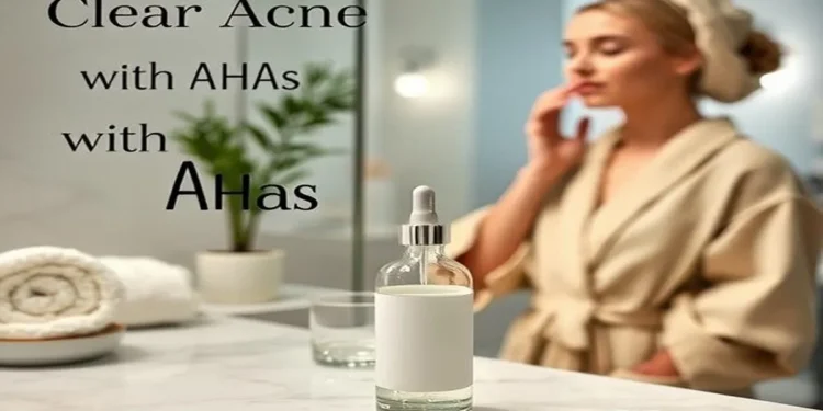 Best AHA products for acne treatment, woman applying glycolic acid serum to acne-prone skin for clear skin and smooth complexion